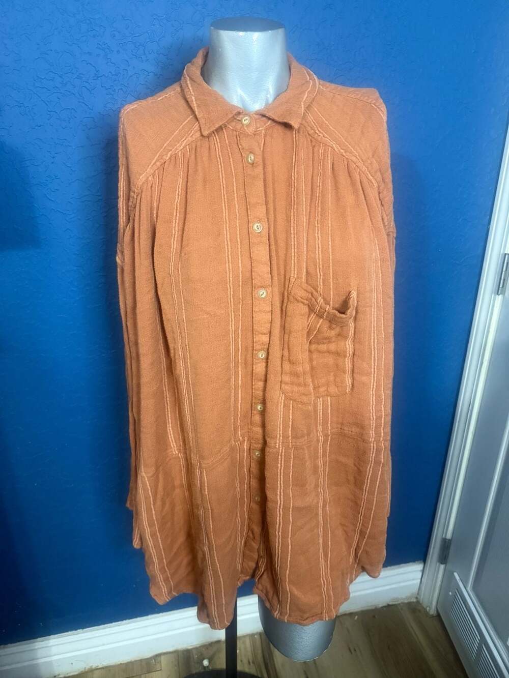Free People M Rust Orange Textured Stripe Oversized Button Down Boho Tunic Top